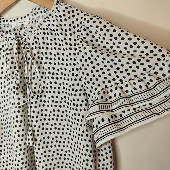 MAx Studio Polka Dot Blouse Flutter Sleeve Tasseled - Picture 6 of 9